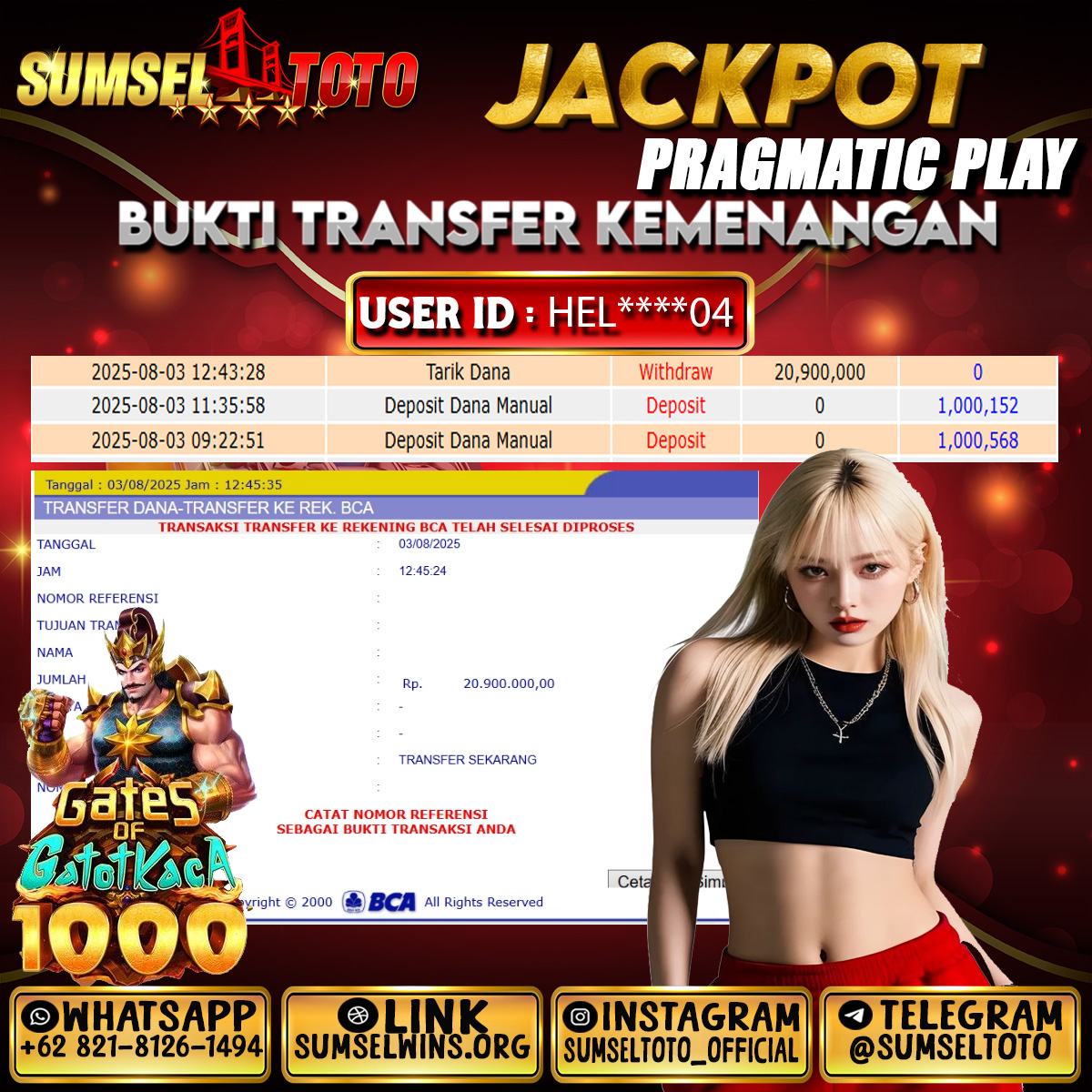 SUMSELTOTO JACKPOT GATES OF GATOT KACA 1000 Rp.20,900,000.,- LUNAS